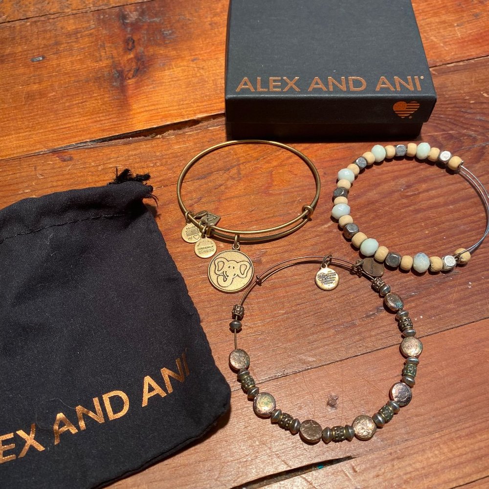3 ALEX AND ANI BRACELETS: COPPER METAL BEADED, ASSORTED STONES, AND ELEPHANT